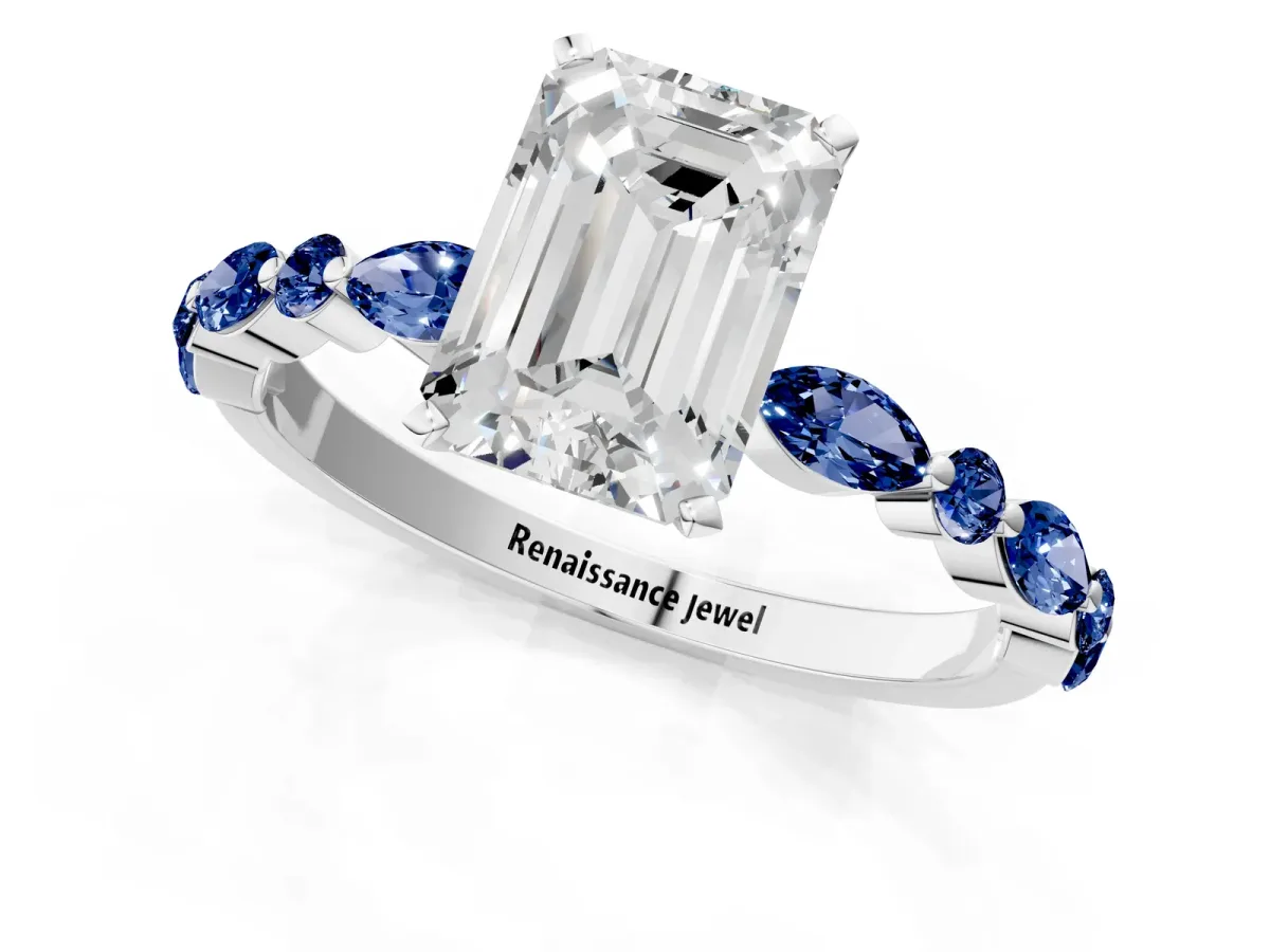 Emerald Cut Diamond Ring with Marquise and Round Blue Sapphire Side Stones and Four-Prong Setting Silver