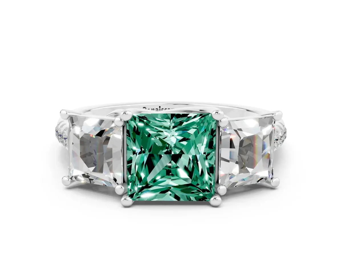 Three-Stone Princess Cut Green Sapphire Ring with Round Pavé Band and Prong Setting Platinum