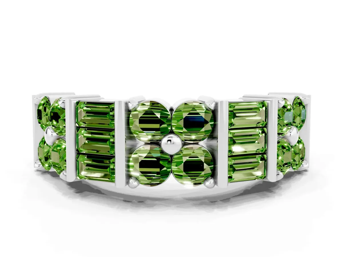 Channel Set Round and Baguette Peridot Anniversary Band with Prong Setting Silver