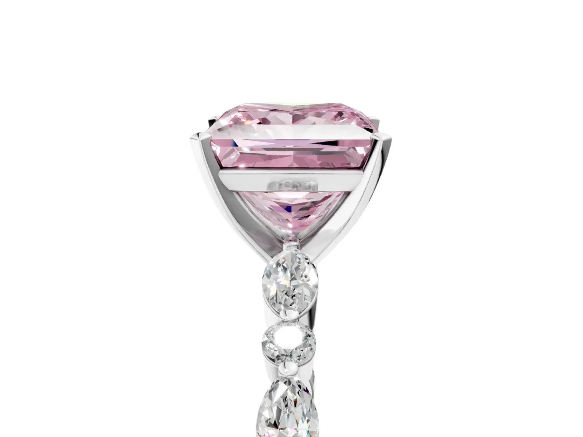 Fancy Pink Princess Cut Diamond Ring with Marquise and Round Side Stones and Four-Prong Setting Silver