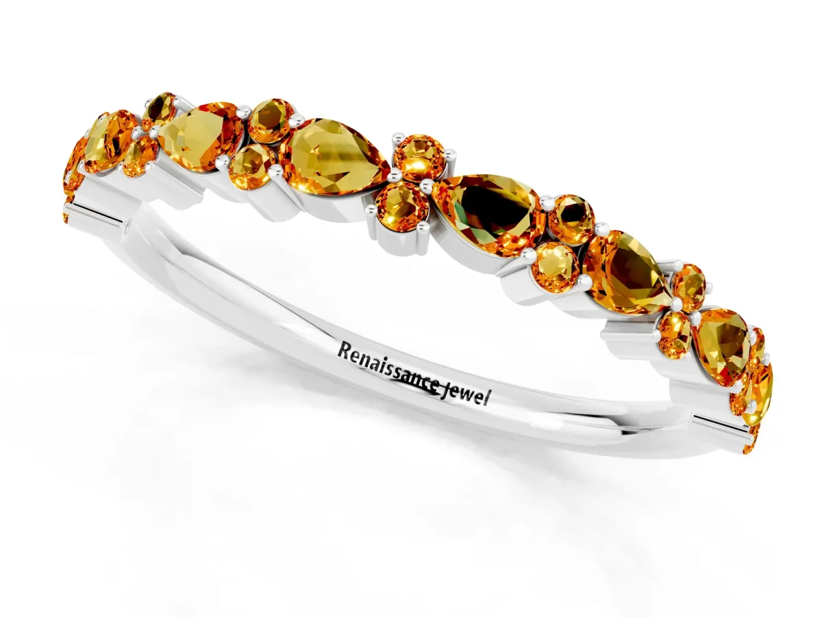 Pear and Round Citrine Wedding Band Silver