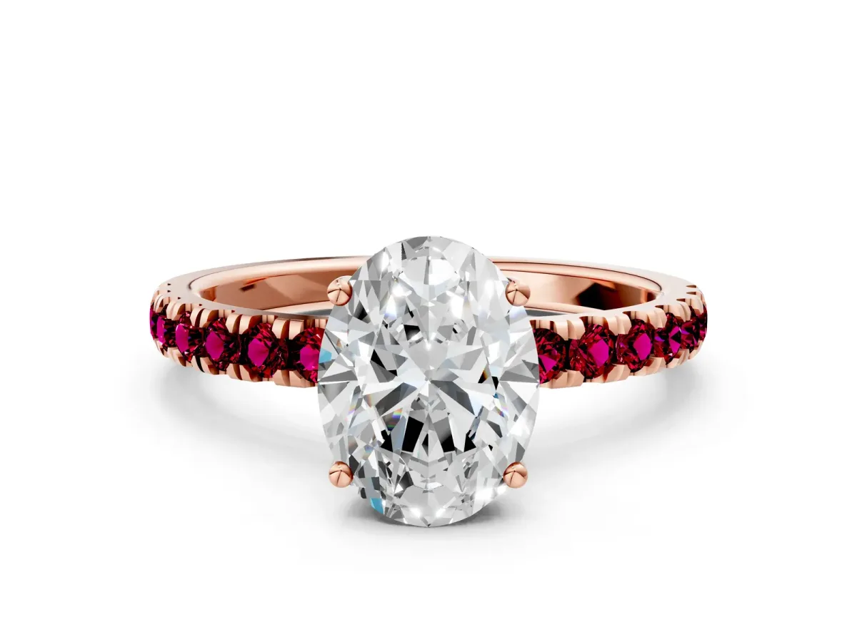 Oval Cut Diamond Pave Band Solitaire Ring with Round Garnet and Prong Setting Rose gold