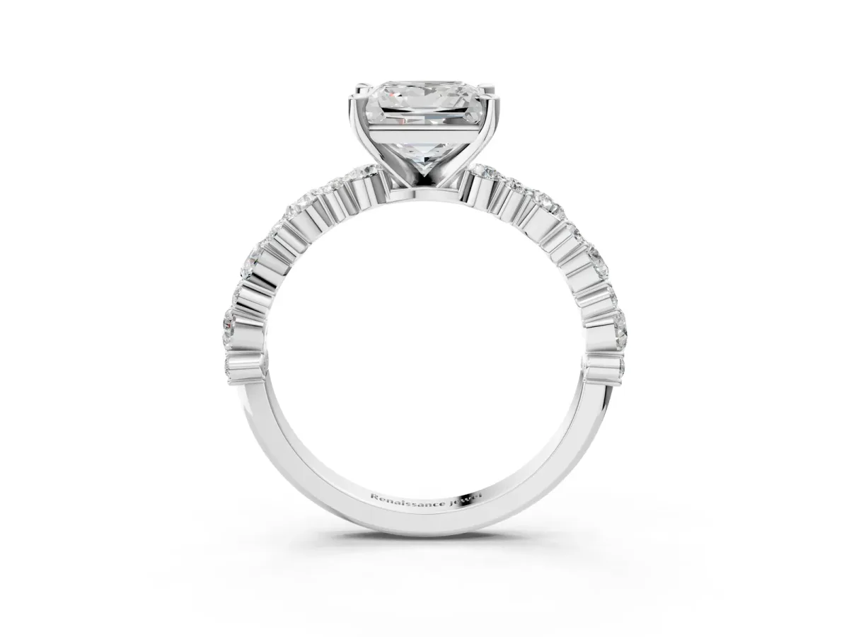 Princess Cut Diamond Side Stone Solitaire Ring with Round Moissanite and Four-Prong Setting Platinum