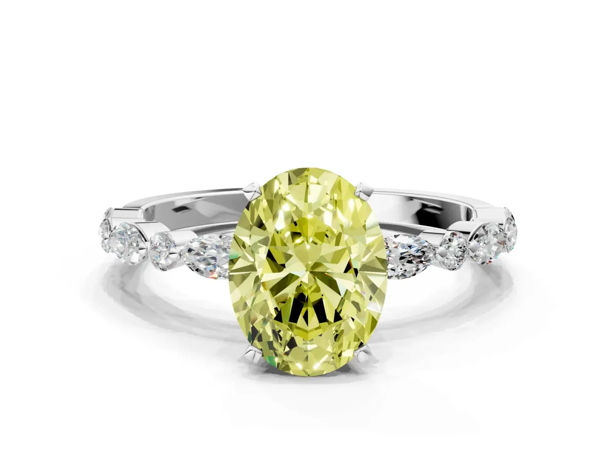 Fancy Yellow Oval Cut Diamond Ring with Marquise and Round Side Stones and Four-Prong Setting Silver