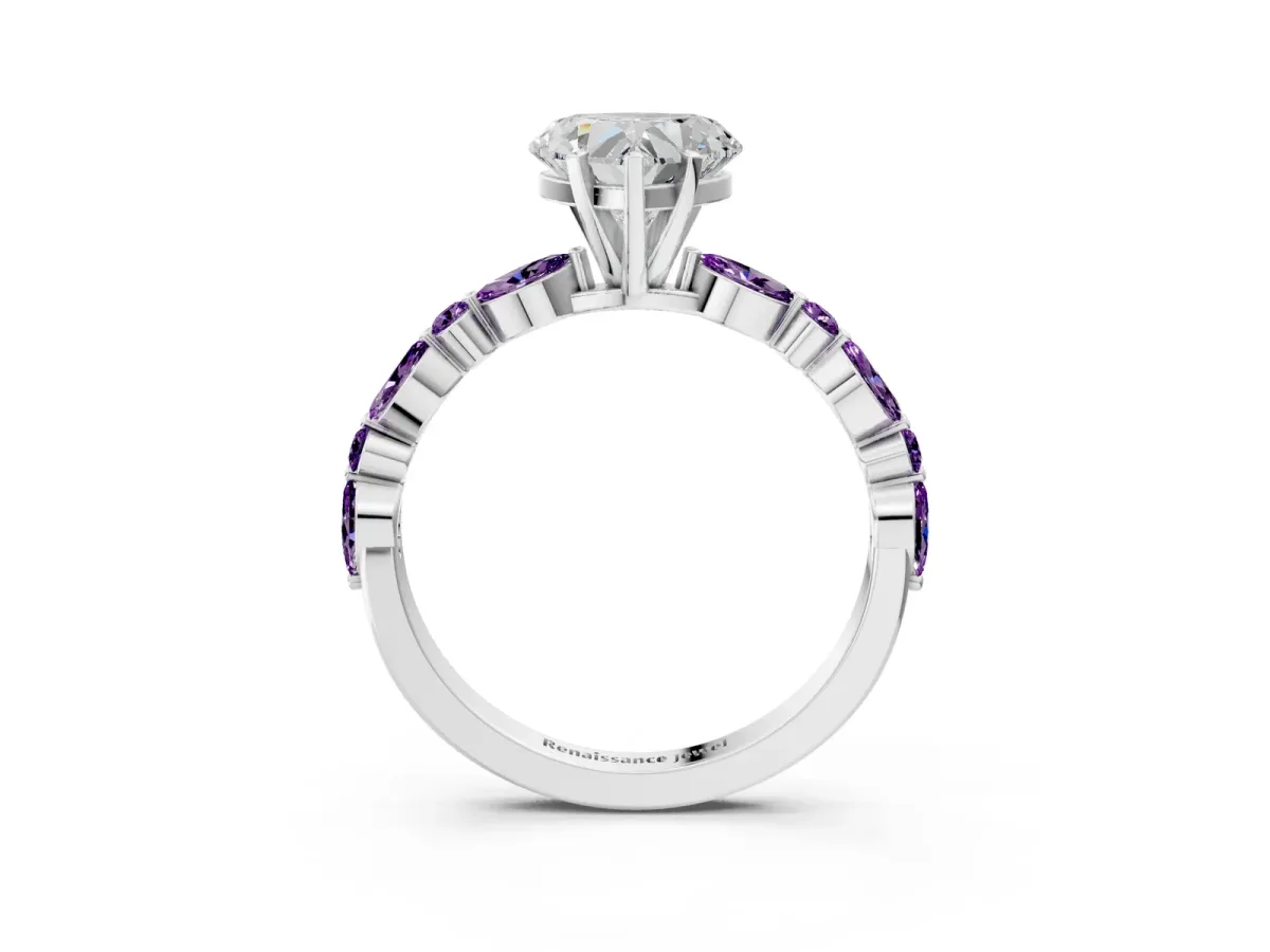 Heart Cut Diamond Ring with Marquise and Round Amethyst Side Stones and Four-Prong Setting Silver