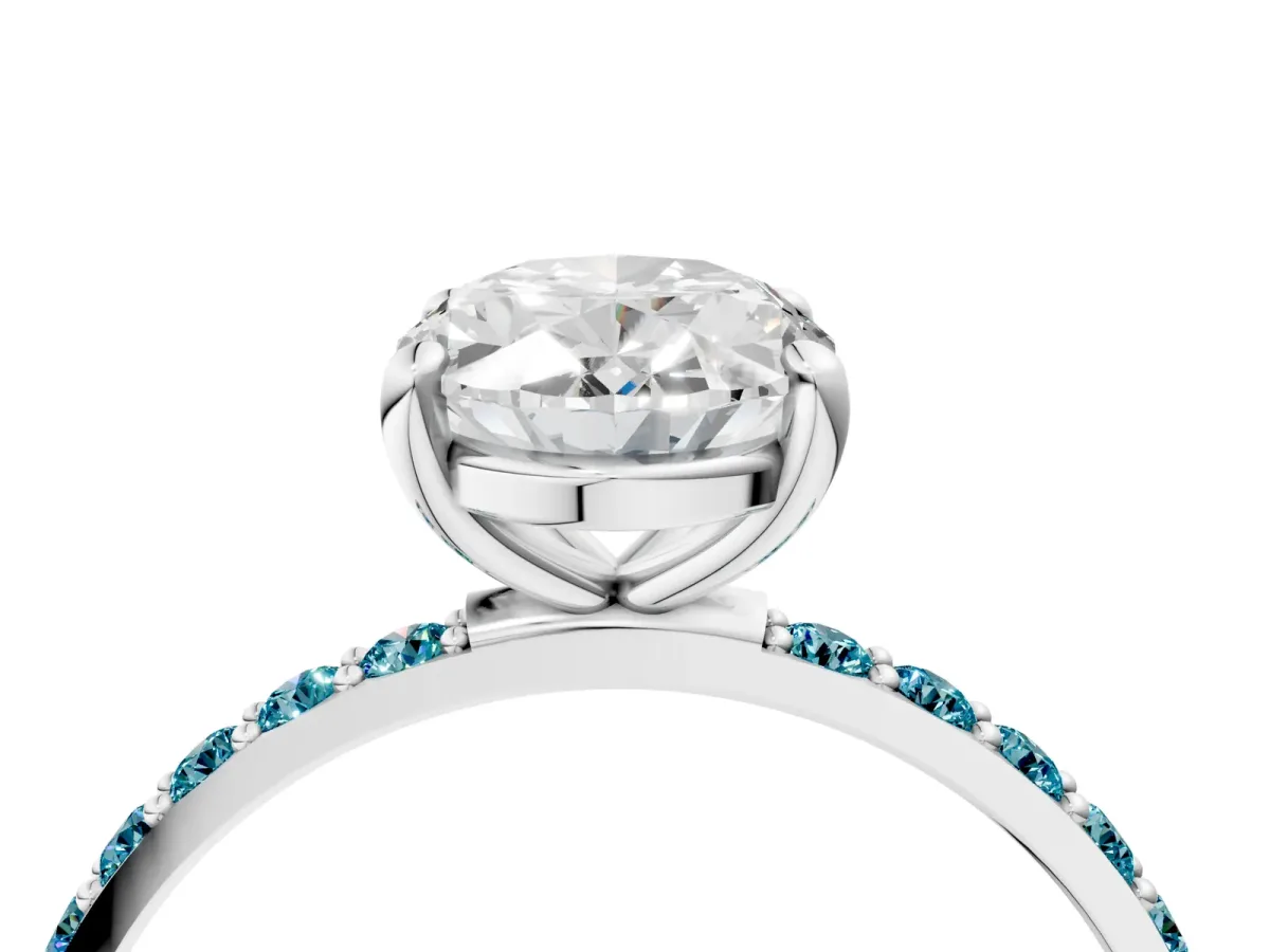 Oval Cut Diamond Solitaire Ring with Round Blue Topaz Pavé Band and Prong Setting Platinum