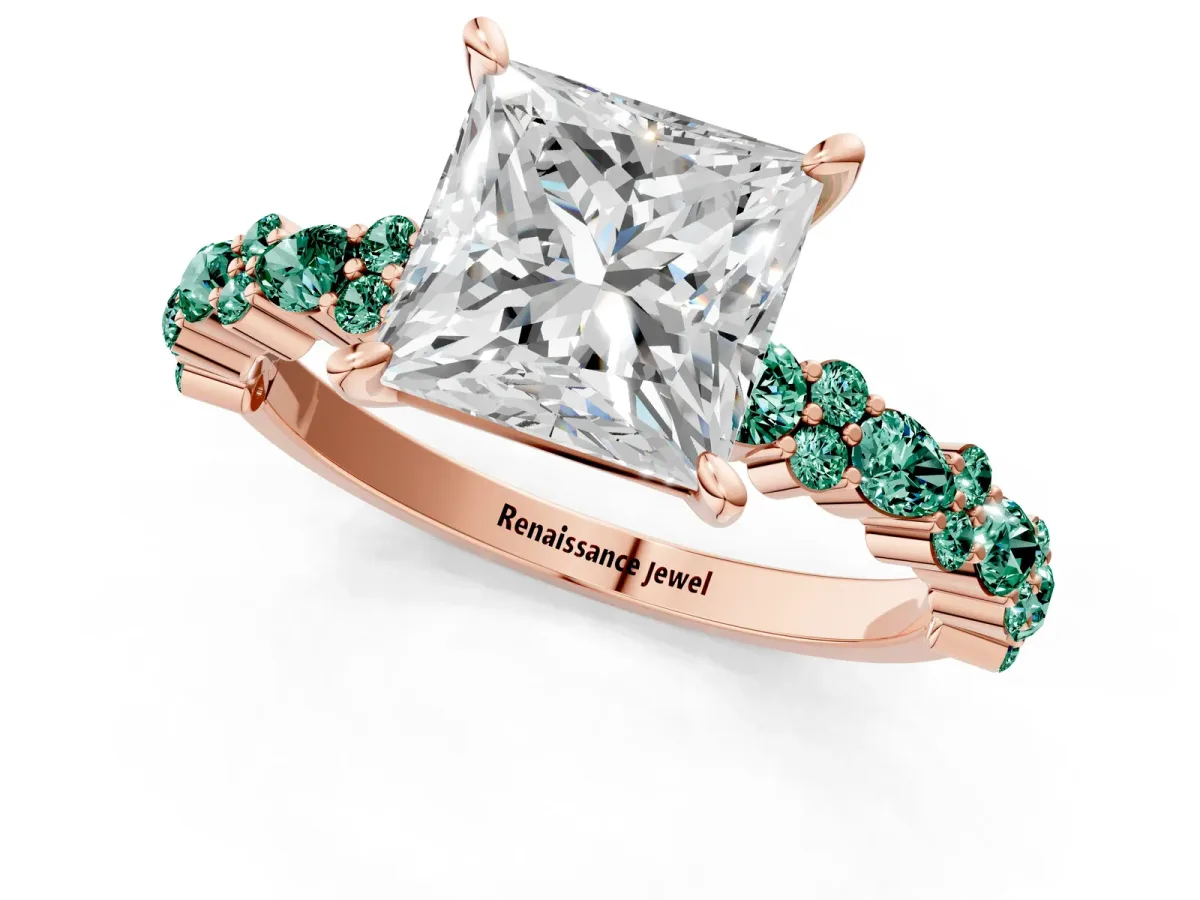 Princess Cut Diamond Side Stone Solitaire Ring with Round Green Sapphire and Four-Prong Setting Rose gold