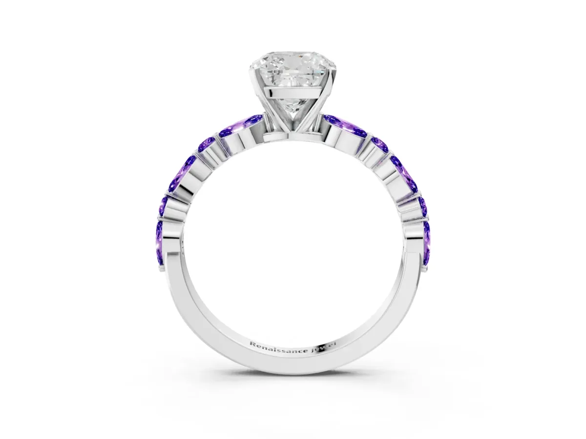Cushion Cut Diamond Ring with Marquise and Round Tanzanite Side Stones and Four-Prong Setting Silver