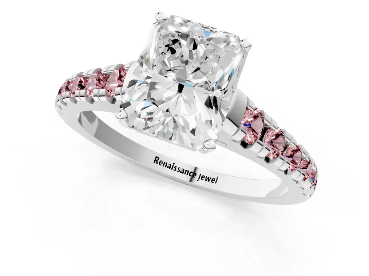 Radiant Cut Diamond Cathedral Solitaire Ring with Round Morganite Pavé Band Silver