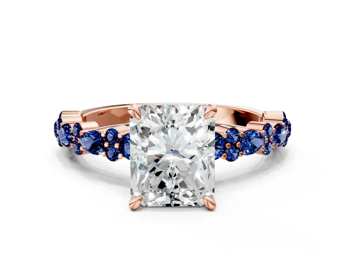 Radiant Cut Diamond Side Stone Solitaire Ring with Round Blue Sapphire and Four-Prong Setting Rose gold