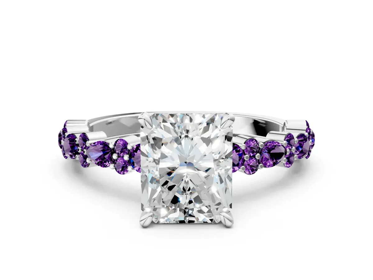 Radiant Cut Diamond Side Stone Solitaire Ring with Round Amethyst and Four-Prong Setting Platinum
