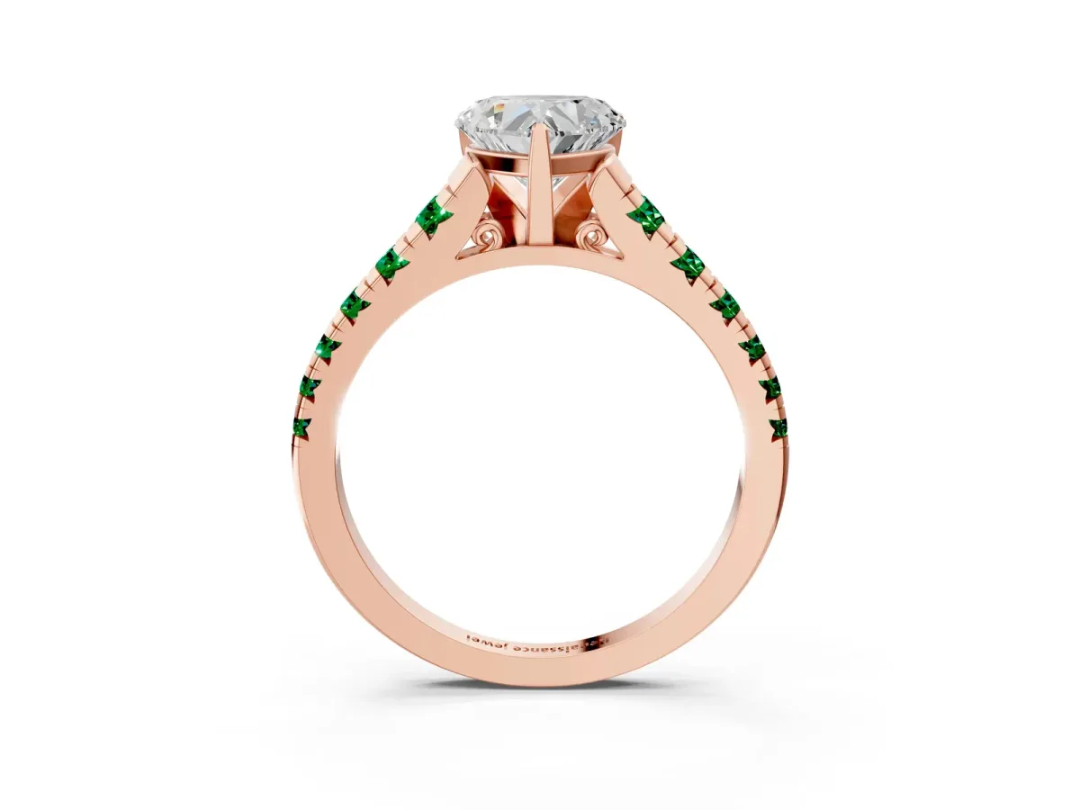 Heart Cut Diamond Cathedral Solitaire Ring with Round Emerald Pavé Band Rose gold