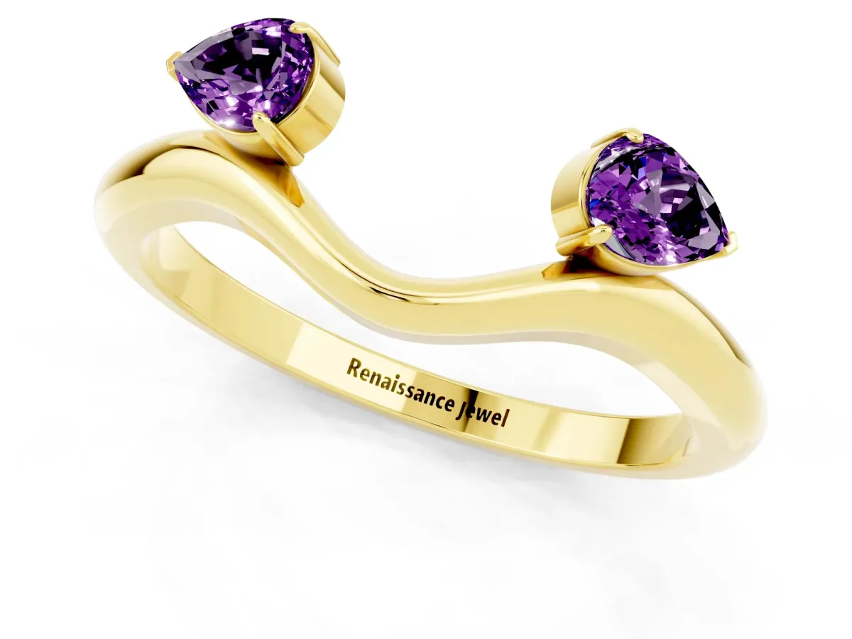 Pear Cut Amethyst Two-Stone Open Band Ring with Prong Setting Yellow gold