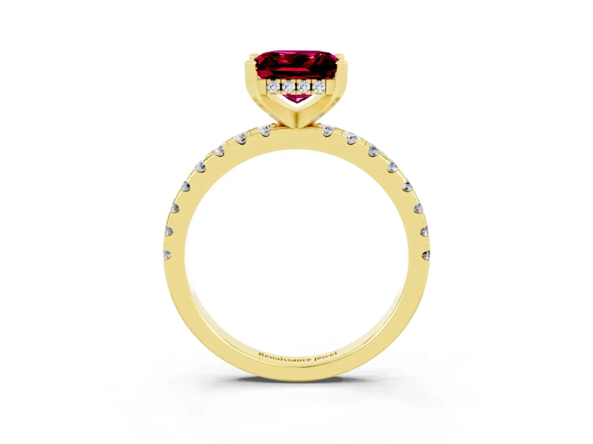 Princess Cut Garnet Solitaire Ring with Round Pavé Band and Four-Prong Setting Yellow gold