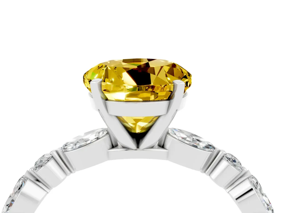 Round Cut Yellow Sapphire Ring with Marquise and Round Side Stones and Four-Prong Setting Silver