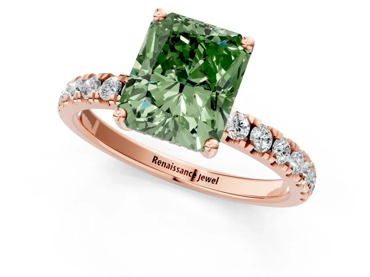 Fancy Green Radiant Cut Diamond Pave Band Solitaire Ring with Round and Prong Setting Rose gold