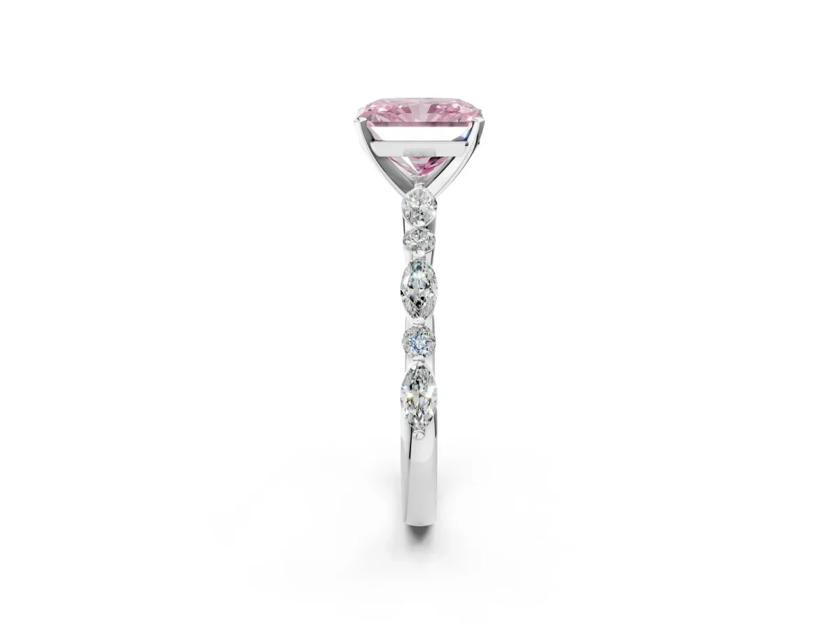Fancy Pink Radiant Cut Diamond Ring with Marquise and Round Side Stones and Four-Prong Setting Silver