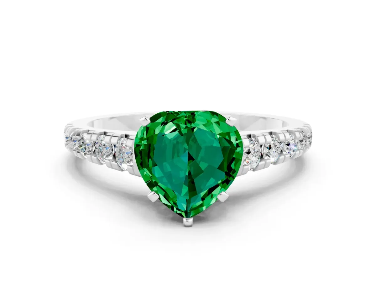 Heart Cut Emerald Cathedral Solitaire Ring with Round Pavé Band White gold