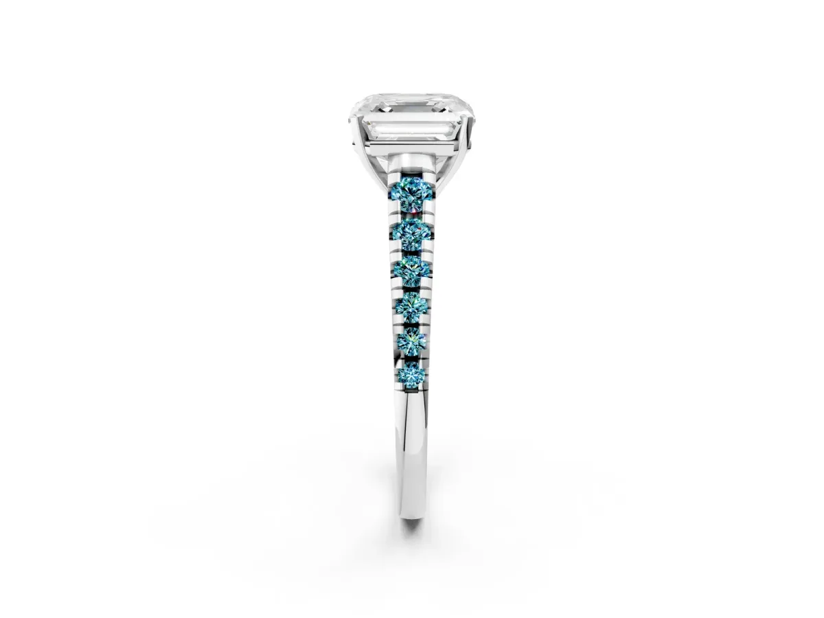 Asscher Cut Diamond Cathedral Solitaire Ring with Round Blue Topaz Pavé Band Silver