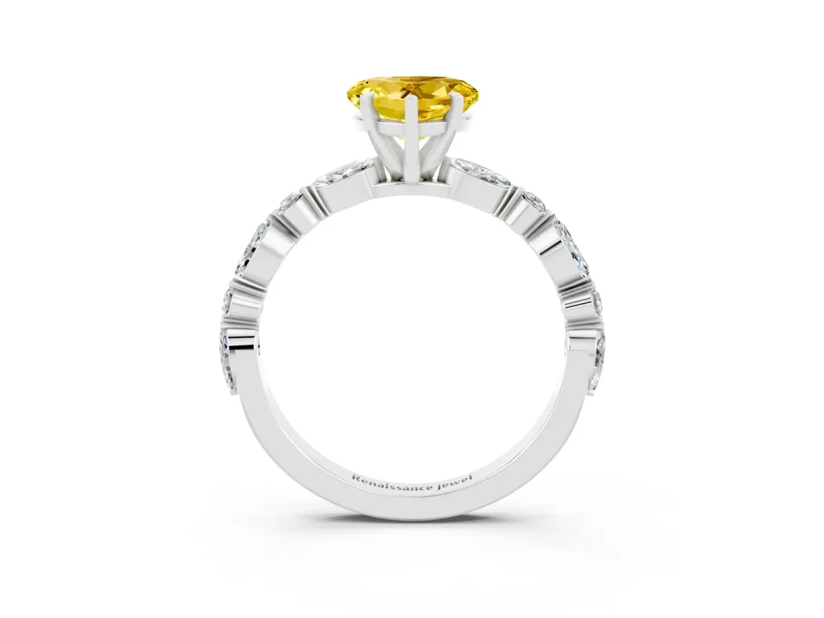 Heart Cut Yellow Sapphire Ring with Marquise and Round Side Stones and Four-Prong Setting Platinum