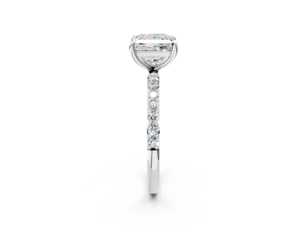 Princess Cut Diamond Solitaire Ring with Round Pavé Band and Prong Setting Platinum