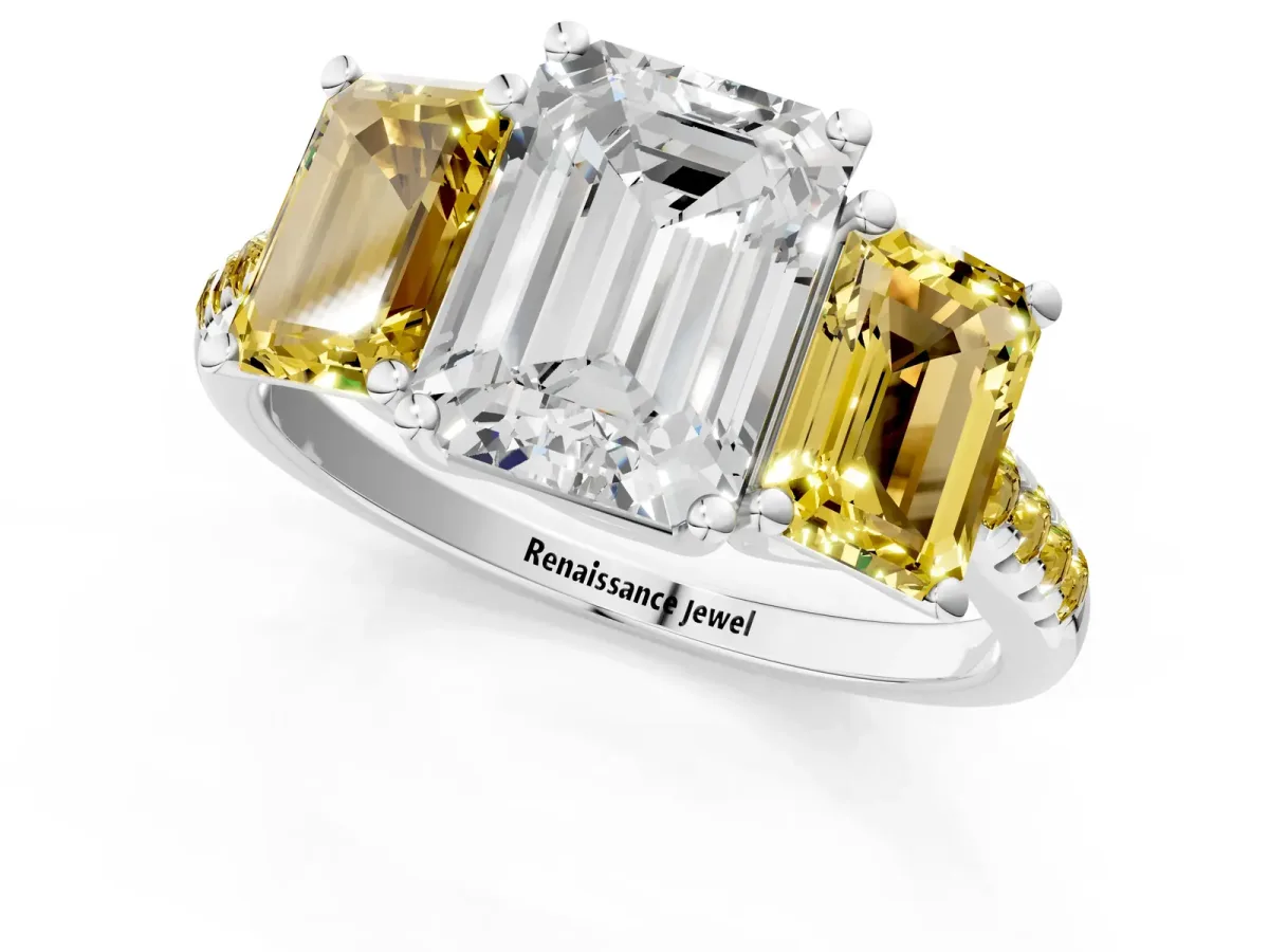 Three-Stone Emerald Cut Diamond Ring with Round Yellow Sapphire Pavé Band and Prong Setting Silver