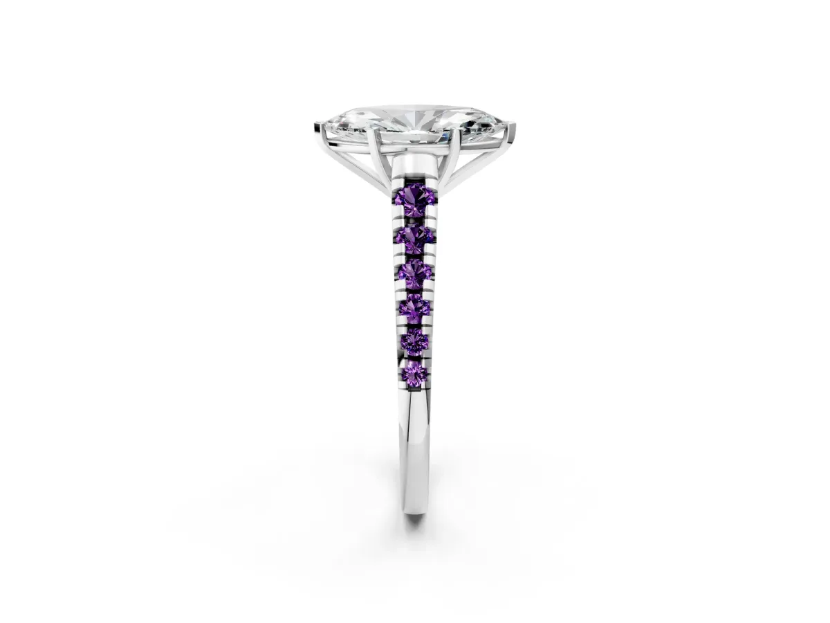 Marquise Cut Diamond Cathedral Solitaire Ring with Round Amethyst Pavé Band White gold