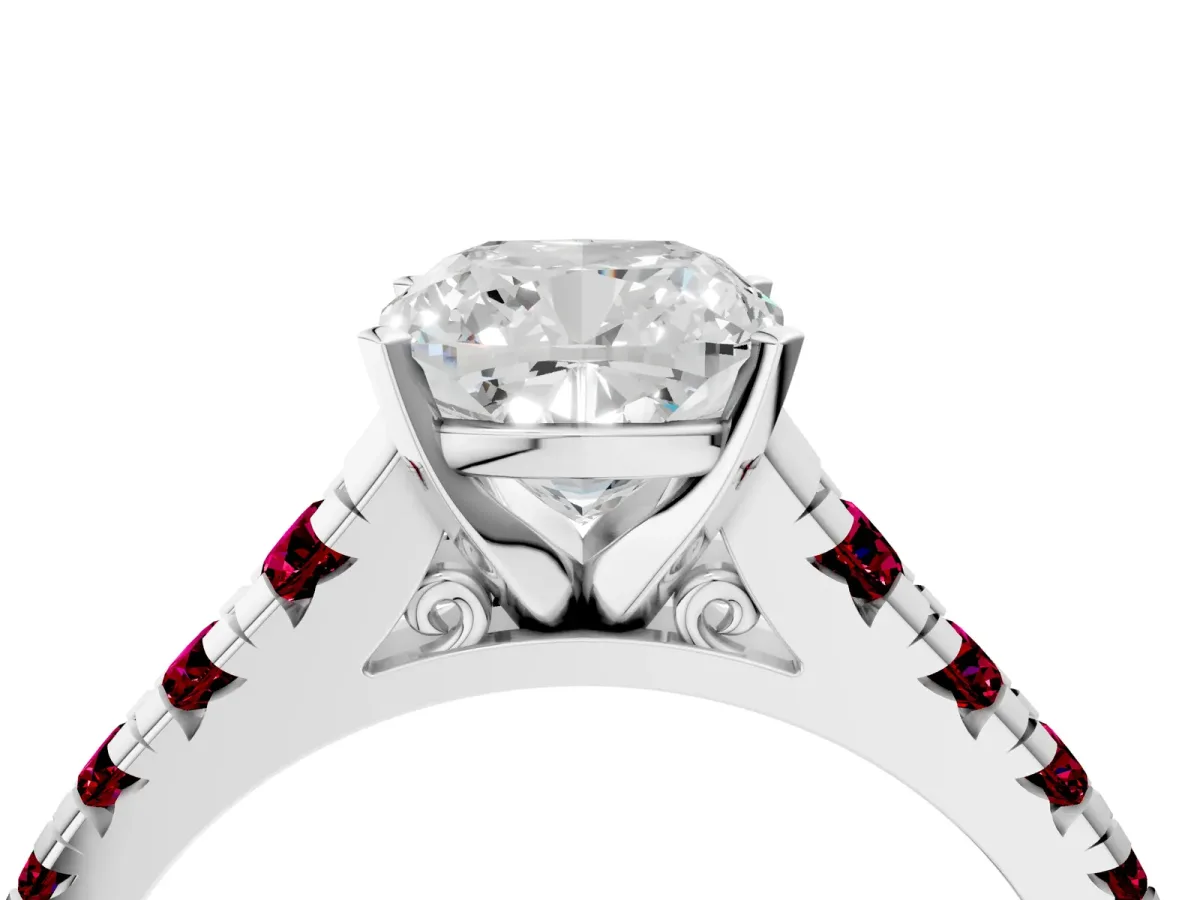 Cushion Cut Diamond Cathedral Solitaire Ring with Round Garnet Pavé Band Platinum
