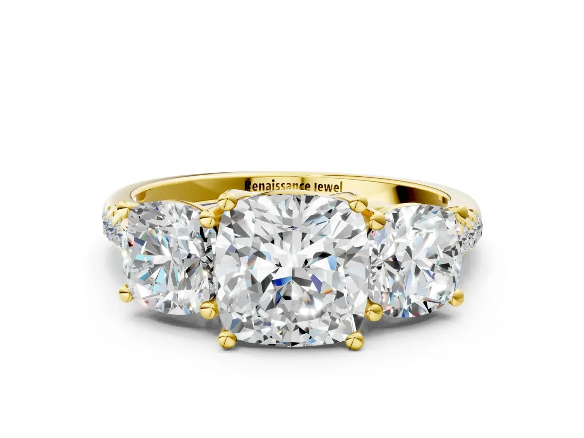 Three-Stone Cushion Cut Diamond Ring with Round Moissanite Pavé Band and Prong Setting Yellow gold