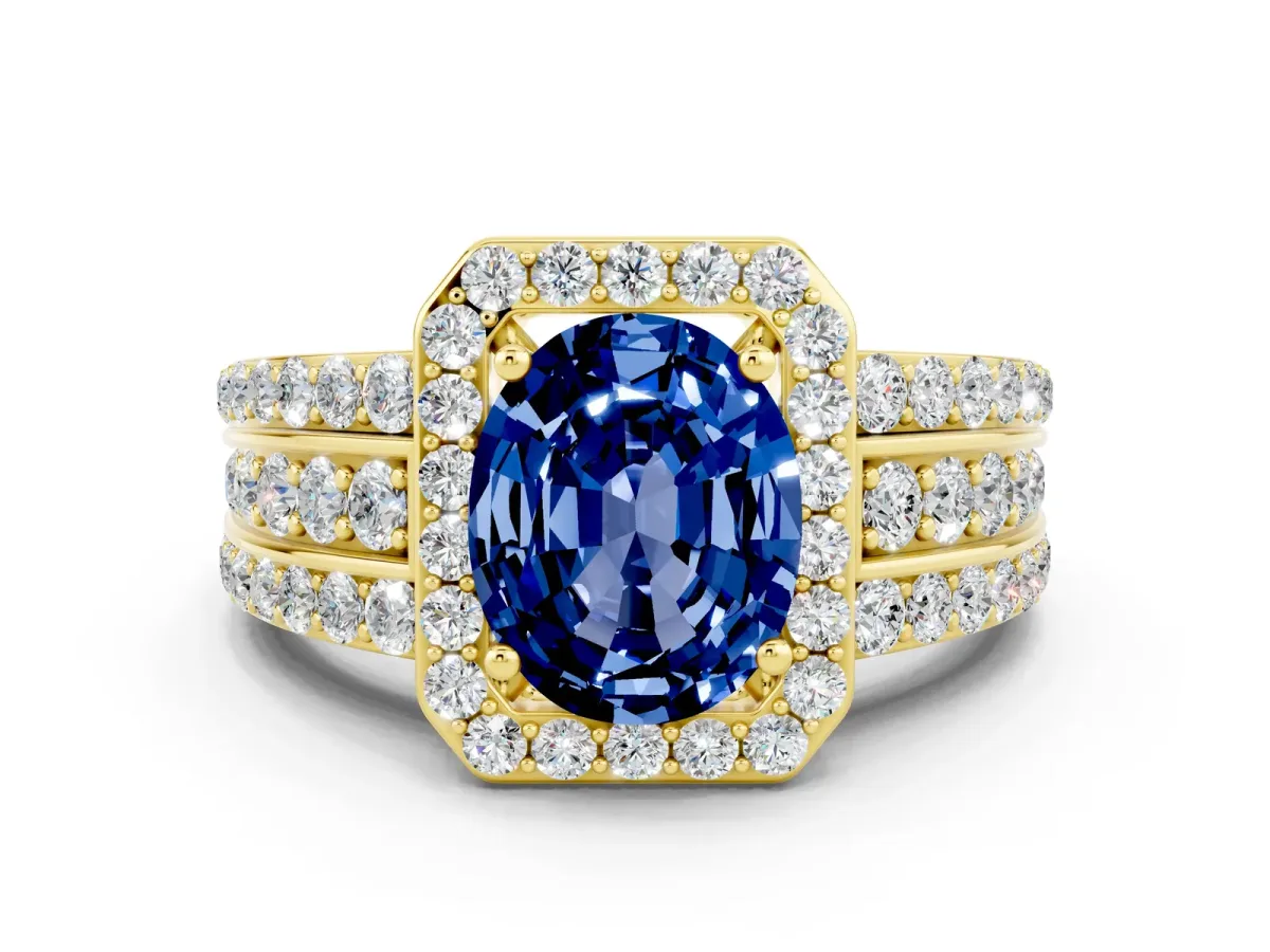 Oval Cut Halo Blue Sapphire Ring with Round Split Shank and Prong Setting Yellow gold