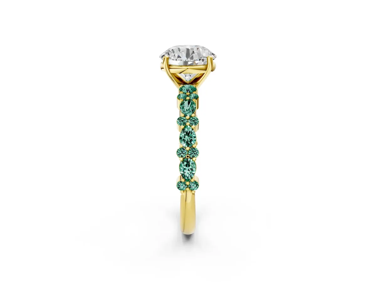 Round Cut Diamond Side Stone Solitaire Ring with Round Green Sapphire and Four-Prong Setting Yellow gold