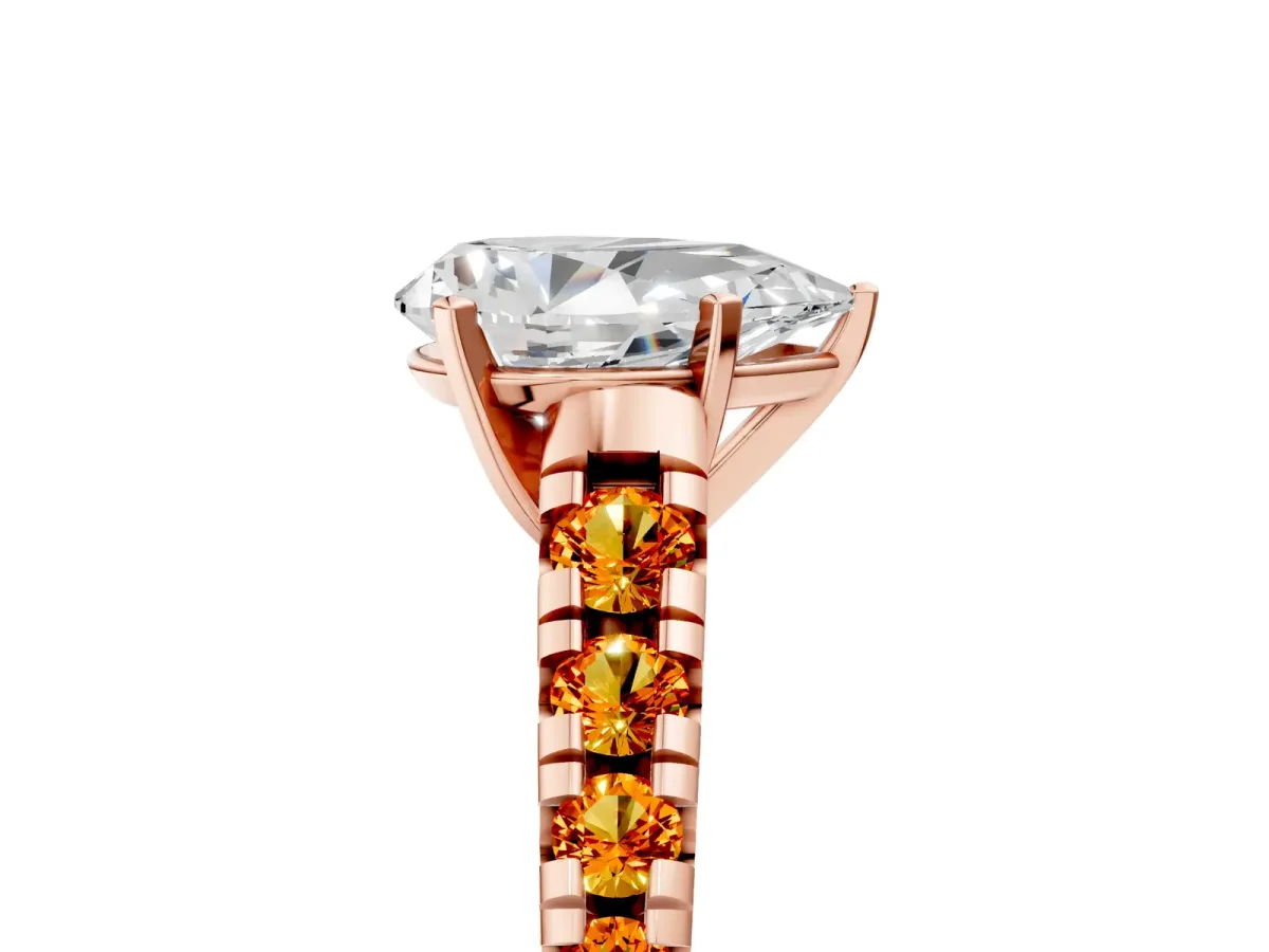 Pear Cut Diamond Cathedral Solitaire Ring with Round Citrine Pavé Band Rose gold