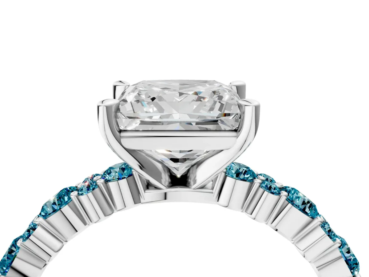 Princess Cut Diamond Side Stone Solitaire Ring with Round Blue Topaz and Four-Prong Setting Silver