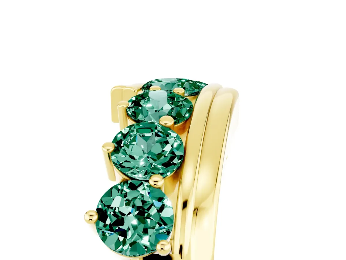 Round Green Sapphire Wave Band with Channel and Shared Prong Setting Yellow gold