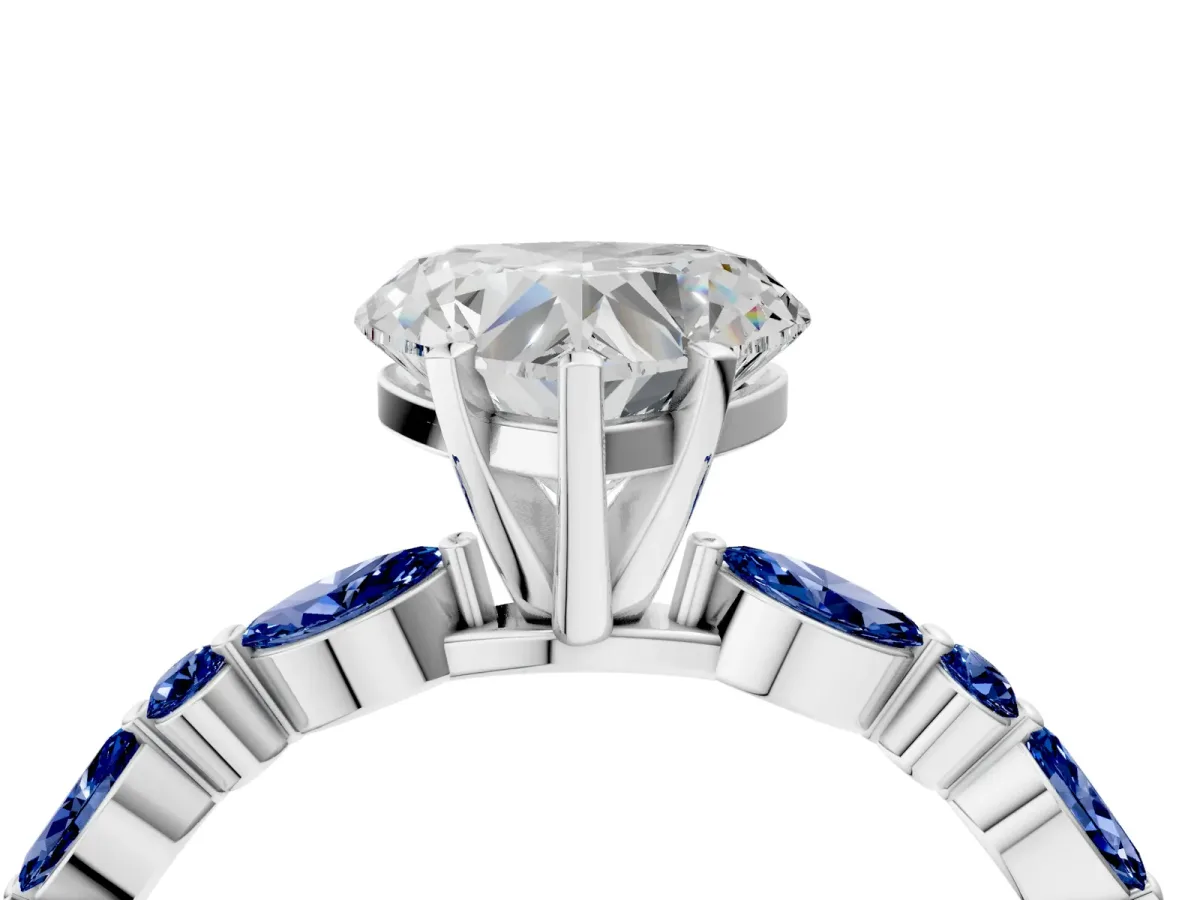Heart Cut Diamond Ring with Marquise and Round Blue Sapphire Side Stones and Four-Prong Setting Silver