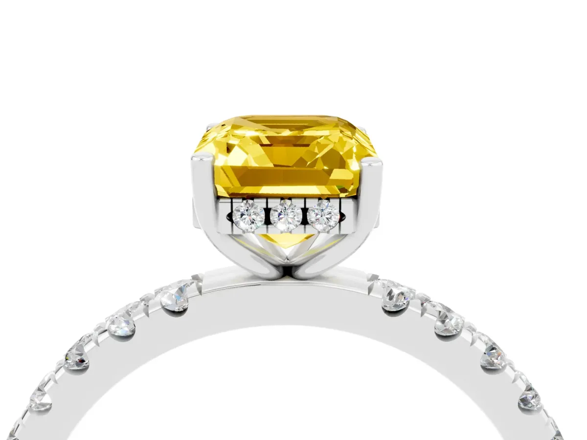 Emerald Cut Yellow Sapphire Pave Band Solitaire Ring with Round and Prong Setting Platinum