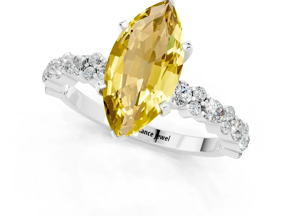 Marquise Cut Yellow Sapphire Side Stone Solitaire Ring with Round and Four-Prong Setting White gold