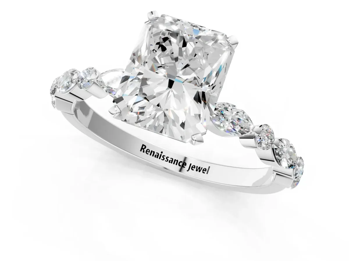 Radiant Cut Diamond Ring with Marquise and Round Moissanite Side Stones and Four-Prong Setting Platinum