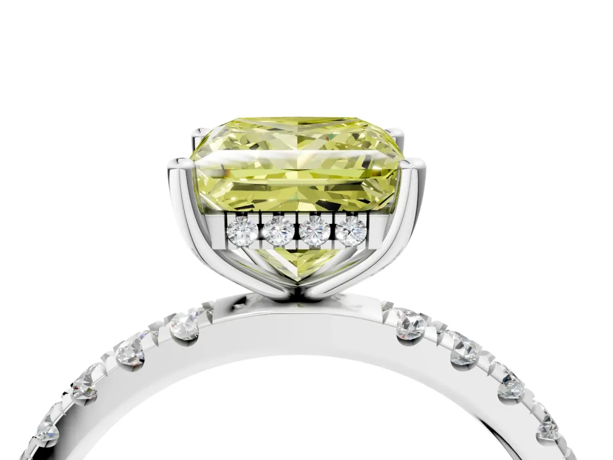 Fancy Yellow Princess Cut Diamond Pave Band Solitaire Ring with Round and Prong Setting Silver