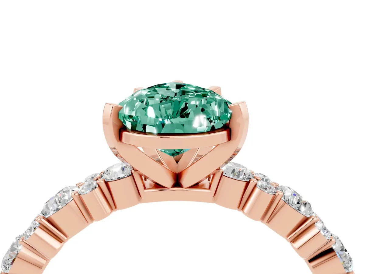 Pear Cut Green Sapphire Side Stone Solitaire Ring with Round and Four-Prong Setting Rose gold