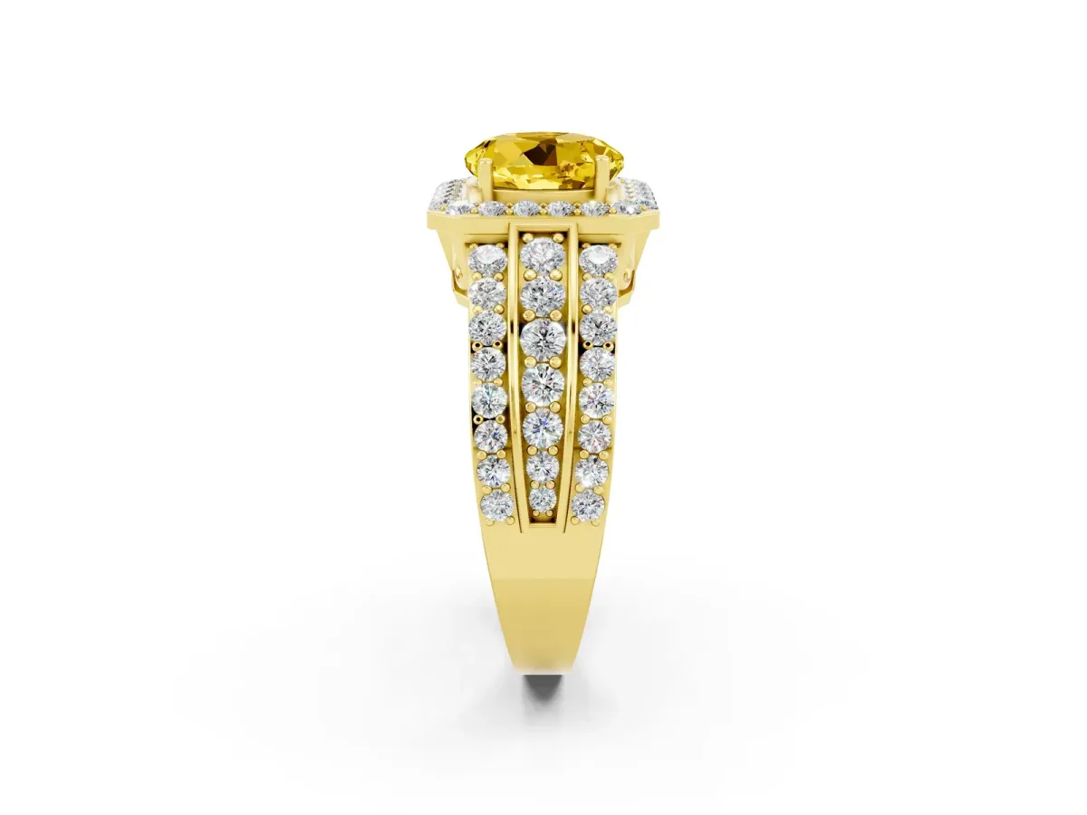 Round Cut Halo Yellow Sapphire Ring with Round Split Shank and Prong Setting Yellow gold