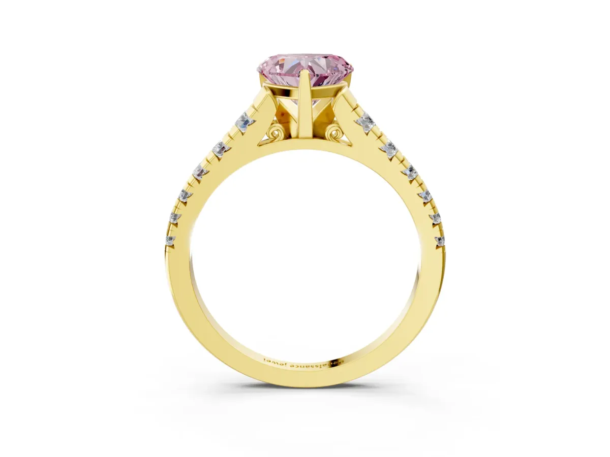 Fancy Pink Heart Cut Diamond Cathedral Solitaire Ring with Round Pavé Band Yellow gold