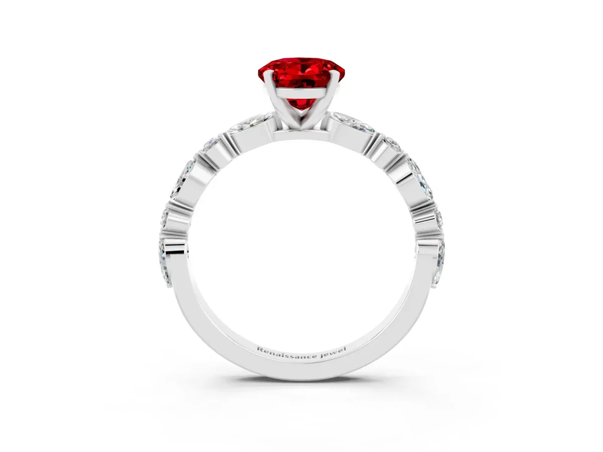Oval Cut Ruby Ring with Marquise and Round Side Stones and Four-Prong Setting Silver