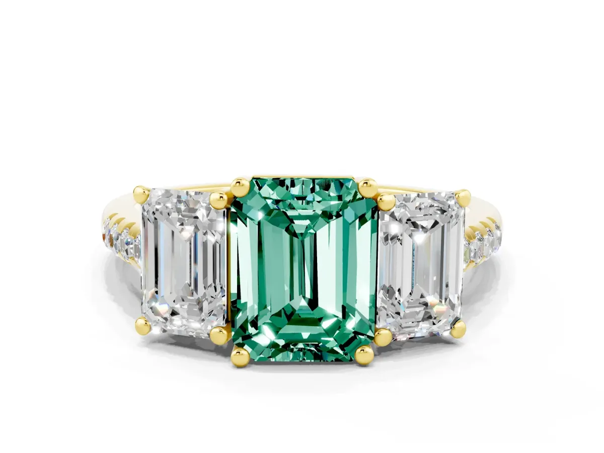 Three-Stone Emerald Cut Green Sapphire Ring with Round Pavé Band and Prong Setting Yellow gold