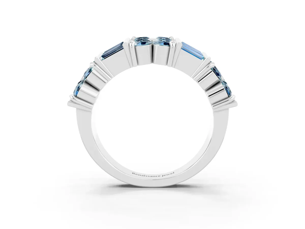 Channel Set Round and Baguette Aquamarine Anniversary Band with Prong Setting Silver