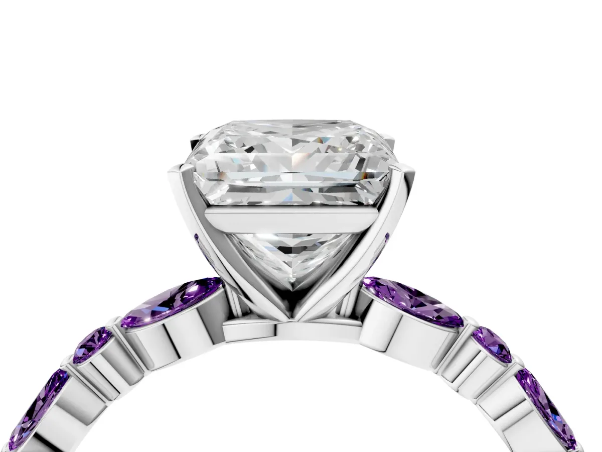 Princess Cut Diamond Ring with Marquise and Round Amethyst Side Stones and Four-Prong Setting Silver
