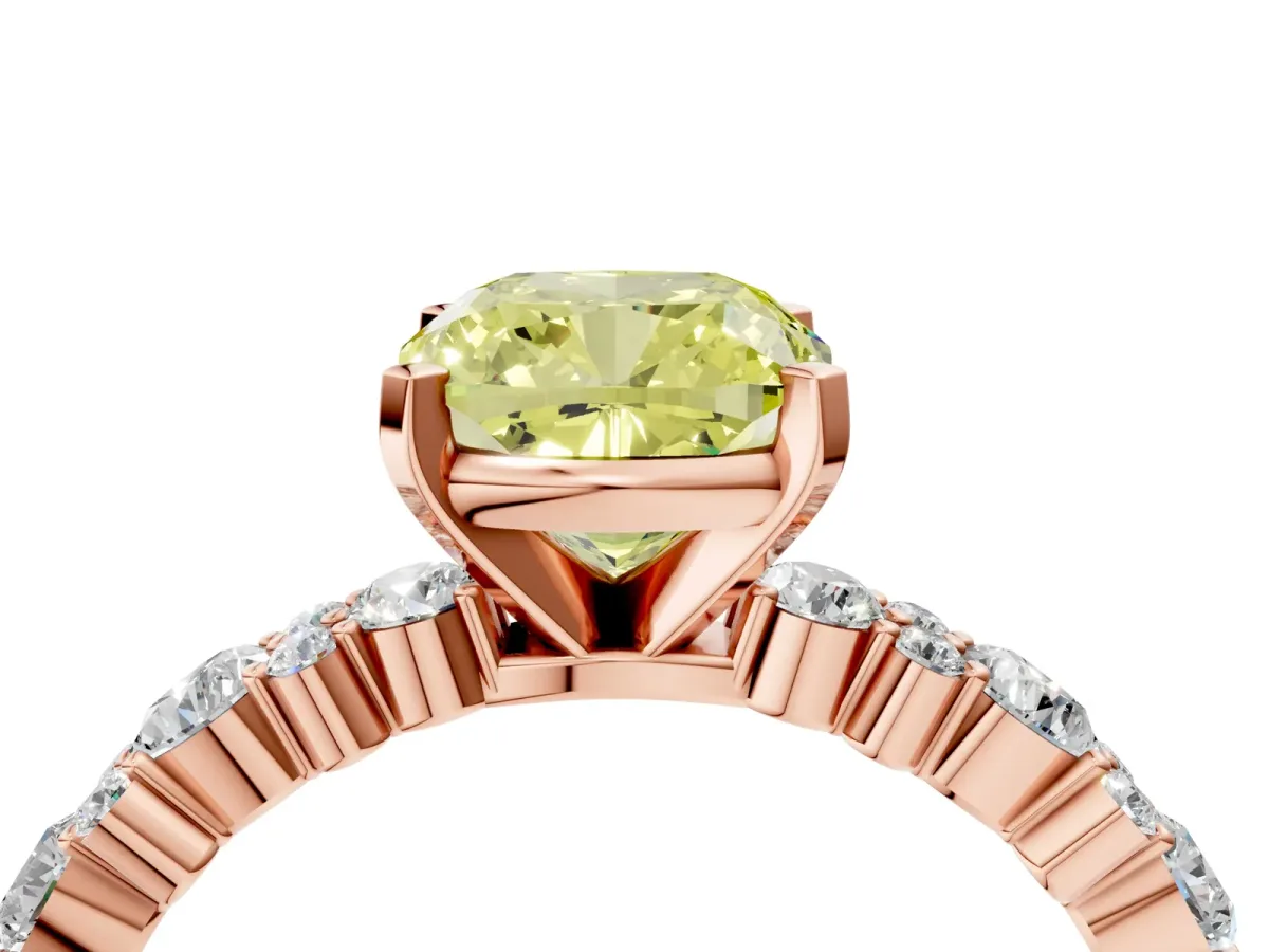Fancy Yellow Cushion Cut Diamond Side Stone Solitaire Ring with Round and Four-Prong Setting Rose gold