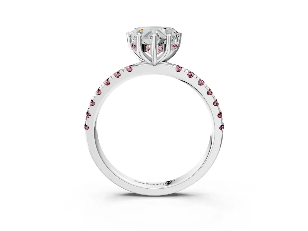 Heart Cut Diamond Pave Band Solitaire Ring with Round Morganite and Prong Setting Platinum