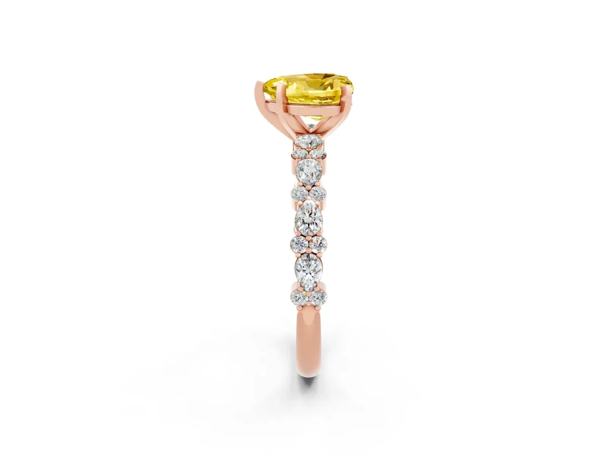 Heart Cut Yellow Sapphire Side Stone Solitaire Ring with Round and Four-Prong Setting Rose gold