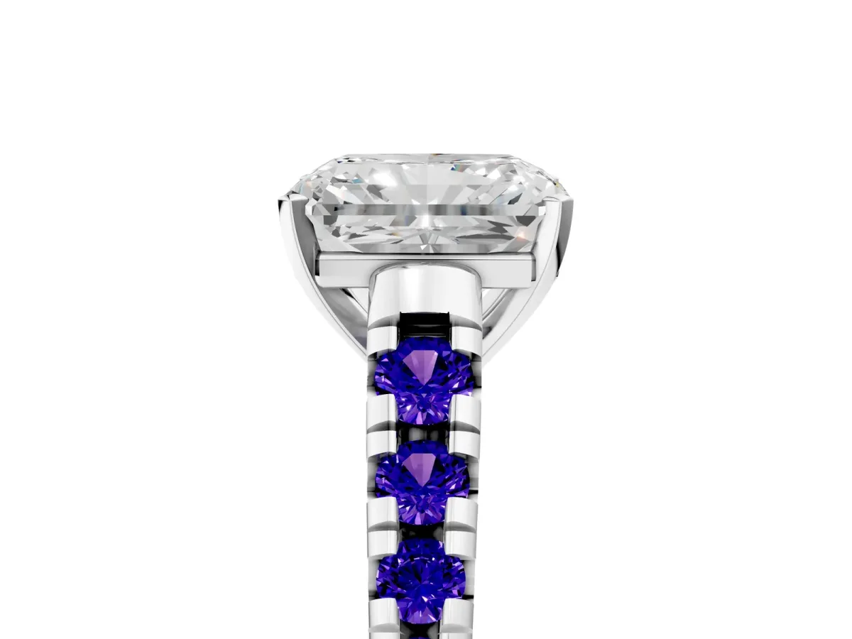 Radiant Cut Diamond Cathedral Solitaire Ring with Round Tanzanite Pavé Band Silver